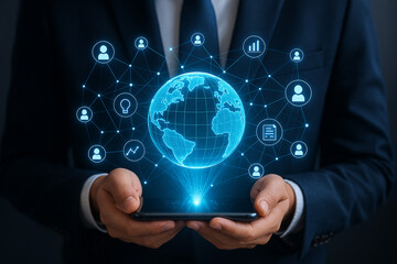 Man holding phone with digital globe and network icons hovering above the device in a dark suit