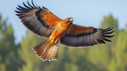 Majestic red shouldered hawk soars with impressive wingspan over sunny background displaying vivid plumage