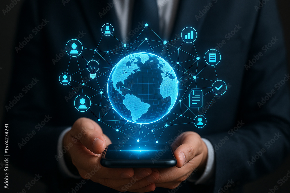 Poster person holding smartphone with digital globe and network icons hovering above the device screen