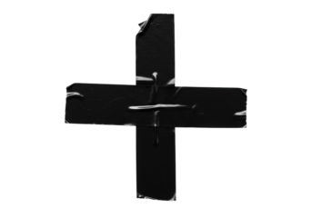 Black hand-torn matte adhesive tape forming a plus sign or cross, isolated on a pristine transparent background with copy space, shadowless flat-lay studio shot, ultra photorealistic, high-contrast,