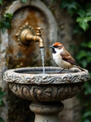 Bird perched on stone birdbath with running water from brass faucet in garden setting outdoors view