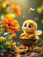 A cute cartoon bee holding a basket of honey with another bee and flowers in the background