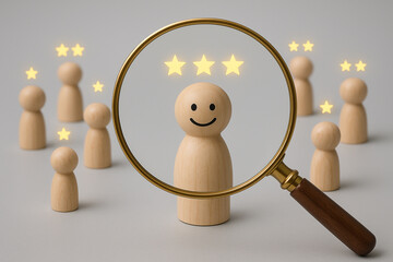 A magnifying glass focusing on a wooden figure with stars above on a light gray background scene