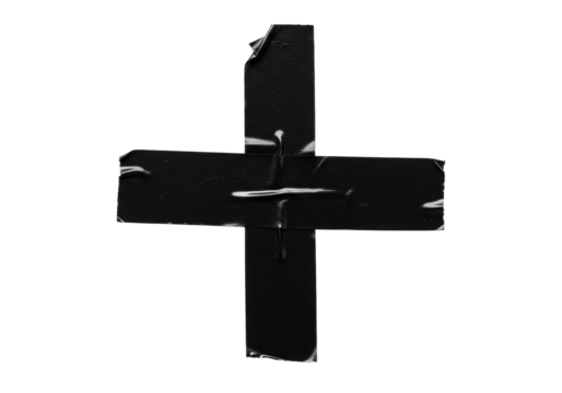 Black hand-torn matte adhesive tape forming a plus sign or cross, isolated on a pristine transparent background with copy space, shadowless flat-lay studio shot, ultra photorealistic, high-contrast,