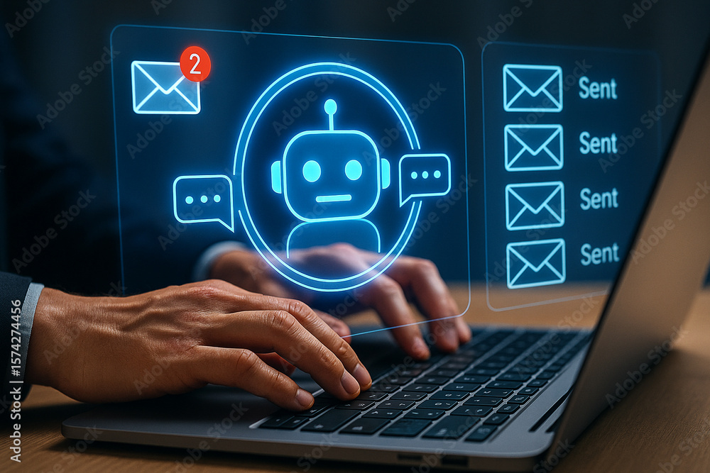 Poster hands typing on laptop with chatbot interface showing email and sent messages on screen display