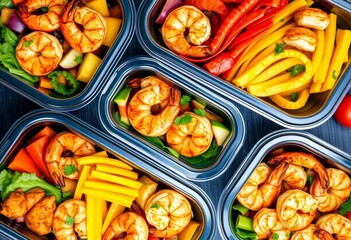 Meal prep containers filled with grilled shrimp and assorted colorful vegetables,  fresh,  containers