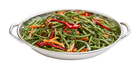 Green beans with peppers in silver bowl on transparent png background
