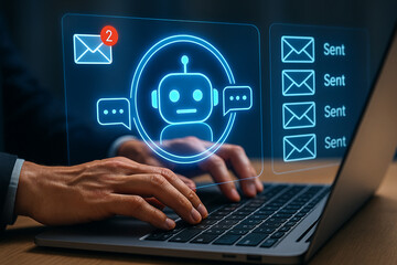 Hands typing on laptop with chatbot interface showing email and sent messages on screen display