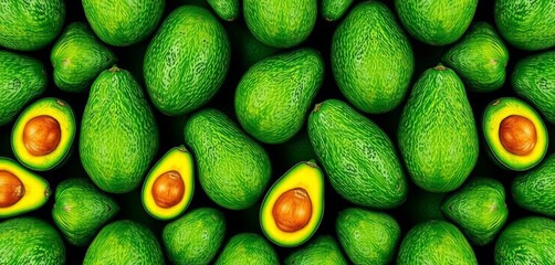 Intricate pattern of vibrant green avocados, arranged in a geometric design,  overhead,  healthy