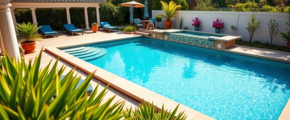 Luxury backyard swimming pool with clear water, elegant landscaping,  reflection,   oasis