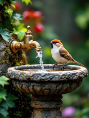 A bird perched on a birdbath with a brass faucet and water flowing into the basin in a garden setting