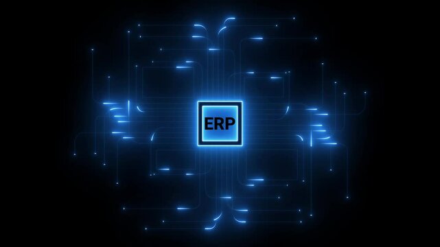 ERP platform visual showing centralized system for enterprise resource planning, improving integration, data flow, business efficiency, finance, inventory, and human resources, neon glow line
