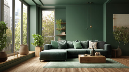 Modern Living Room With Green Wall and Natural Light in Cozy Urban Apartment