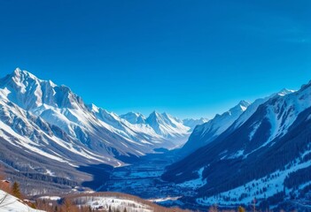 Majestic snow-capped peaks, serene valley, winter wonderland,  aerial view,  background