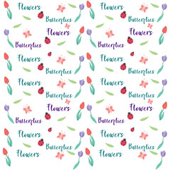 Tulips, butterflies and ladybugs seamless pattern