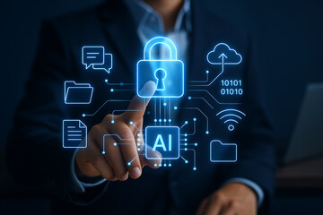 Man in suit touching ai icon with digital padlock cloud and file icons on interface screen display