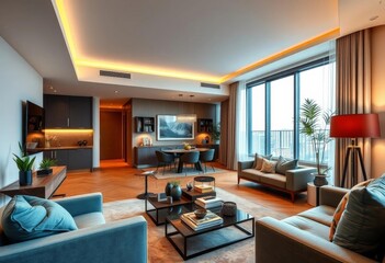 Modern apartment interior, stylish furniture and decor, interior design, living room