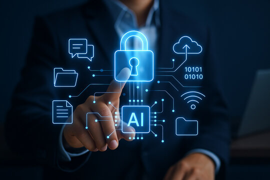 Man in suit touching ai icon with digital padlock cloud and file icons on interface screen display