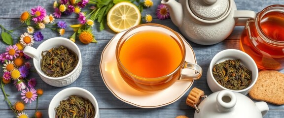 Loose leaf tea, teapot, teacups, sugar bowl, honey pot, lemon slices, biscuits, wildflowers, tea strainer,  flatlay,  teacup