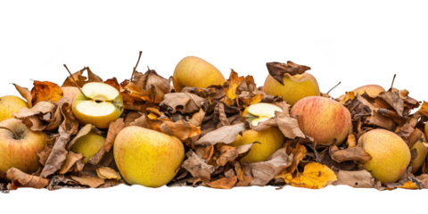 Pile of golden apples and leaves on transparent png background