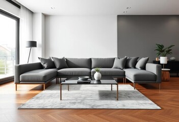 Modern gray fabric sofa & sleek coffee table in minimalist living room, lines, aesthetic