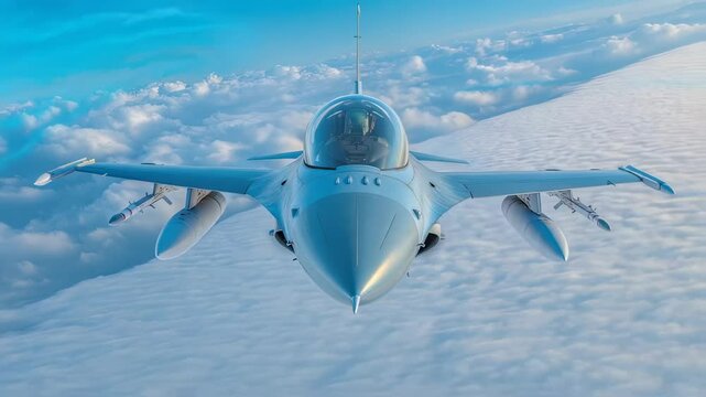 Fighter jet flying above cloud layers with visible weapons, transparent cockpit dome, sleek aerodynamic design in blue sky environment. Locked down camera, front view tracking shot.