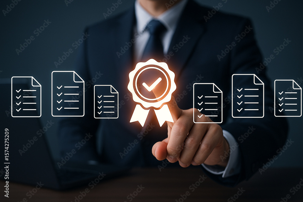 Poster man in suit pointing at quality assurance icon with checklist documents in the background on a dark 