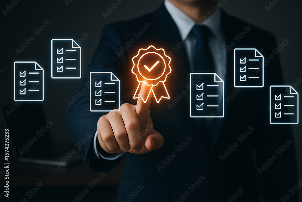 Poster man in suit pointing at glowing checkmark badge surrounded by checklist document icons on dark backg