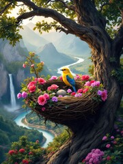 A bird in a nest with eggs and pink flowers in a tree overlooking a river and waterfall landscape
