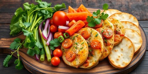 Labneh, manakeesh, vegetables arranged on rustic wooden board,   meal, arabic breakfast