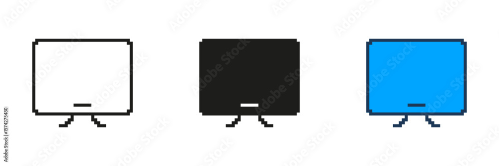 Poster desktop monitor icon set in pixel art. pixelated computer screen for technology and work. isolated v