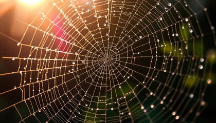 Intricate spiderweb glistening with morning dew, pattern, natural world