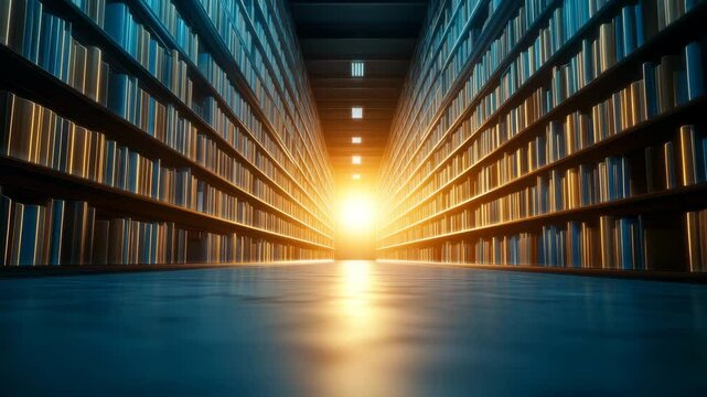 A Bright Light Illuminates the End of a Long Library Aisle.