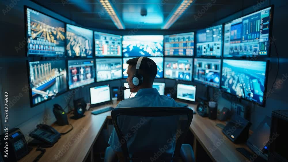 Poster a male operator monitors multiple screens displaying global data.