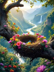 A bird in a nest decorated with flowers on a tree branch overlooking a scenic mountain landscape
