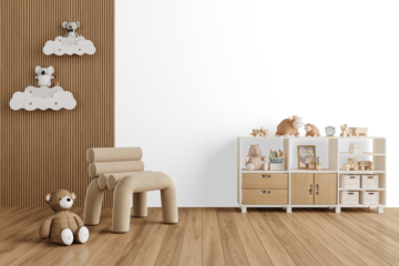 Modern kids room interior with wooden cloud shelves, plush toys, and soft beige chair isolated on transparent background with realistic shadow PNG