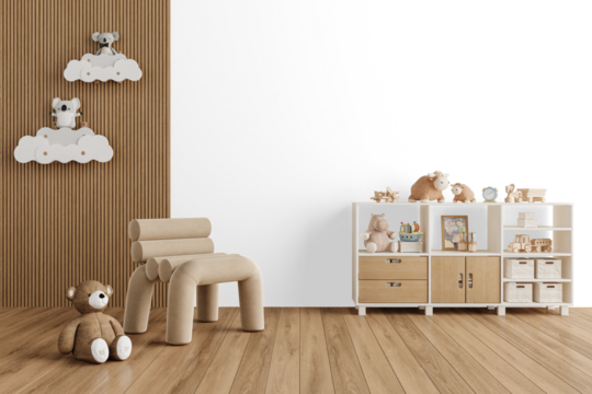 Modern kids room interior with wooden cloud shelves, plush toys, and soft beige chair isolated on transparent background with realistic shadow PNG