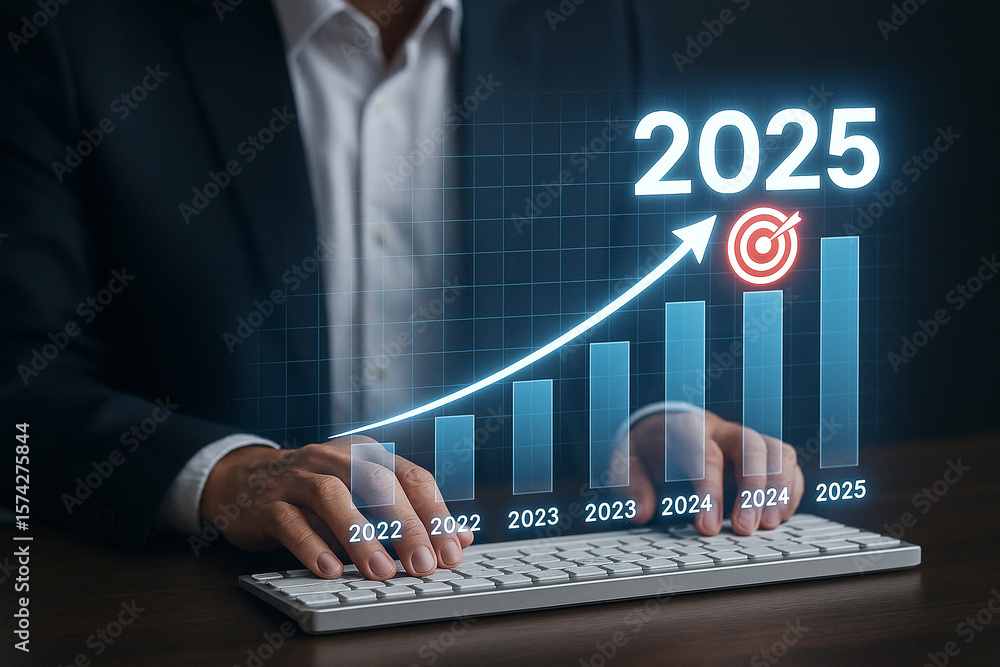 Poster a business person typing on a keyboard with a growth chart showing the year and a target at the top