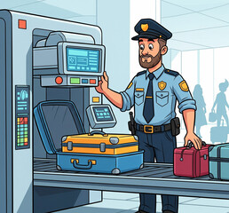 Airport security officer inspecting luggage on a conveyor belt.