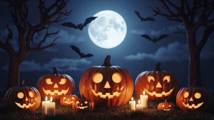 Halloween pumpkins glow under a full moon with bats
