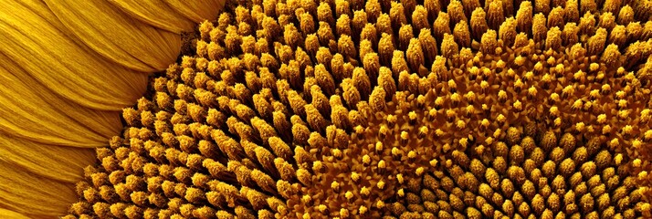 A close up of the center of a sunflower with petals visible on the left side of the frame