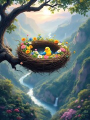 A yellow bird in a flower decorated nest high above a valley with a winding river and waterfall