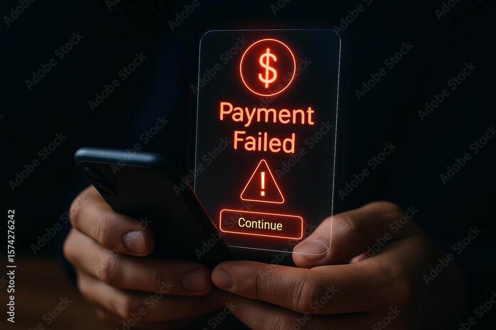 Poster hands holding a smartphone displaying a payment failed message with a dollar sign and warning icon