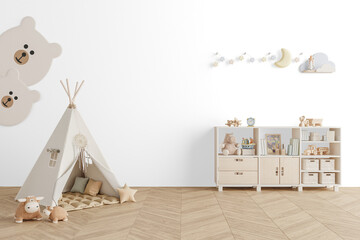 Cozy children’s room interior with teepee tent, plush animals, and bookshelf isolated on transparent background with shadow PNG