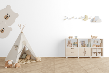 Cozy children’s room interior with teepee tent, plush animals, and bookshelf isolated on transparent background with shadow PNG