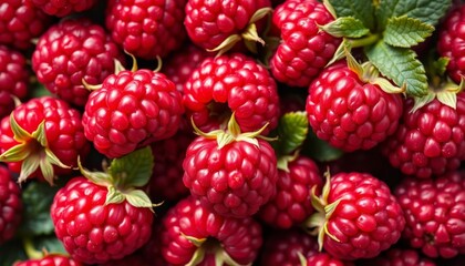 Intensely red and juicy raspberries, seamlessly repeating in a close-up pattern,  print,  delicious