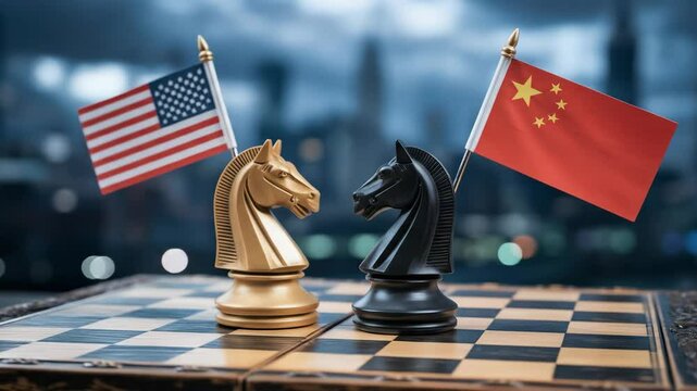 Global trade negotiations chess game flags united states china competition international relations