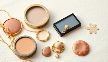 Neutral makeup palette, delicate gold jewelry arranged on a light background,  texture,  skincare