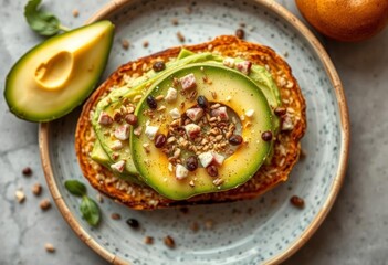 Overhead shot of avocado toast breakfast, garnished with everything bagel seasoning,   rustic,   vibrant