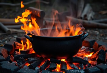 Large cast iron cauldron over crackling campfire flames,   camp,   nature
